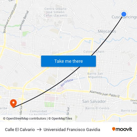 Calle El Calvario to Universidad Francisco Gavidia map