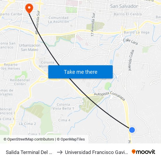 Salida Terminal Del Sur to Universidad Francisco Gavidia map