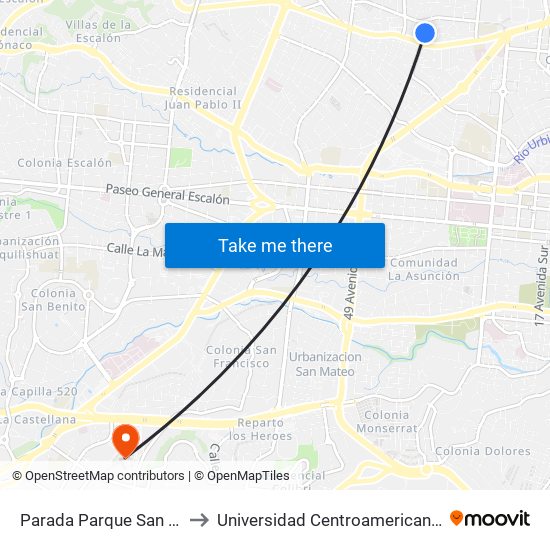 Parada Parque San José (Cristobal) to Universidad Centroamericana José Simeón Cañas map