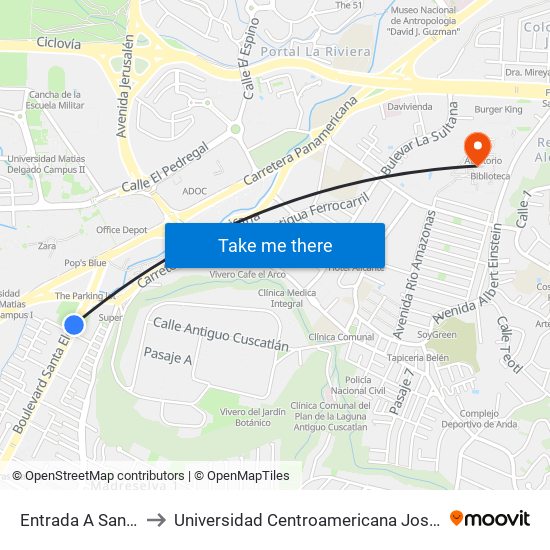 Entrada A Santa Elena to Universidad Centroamericana José Simeón Cañas map