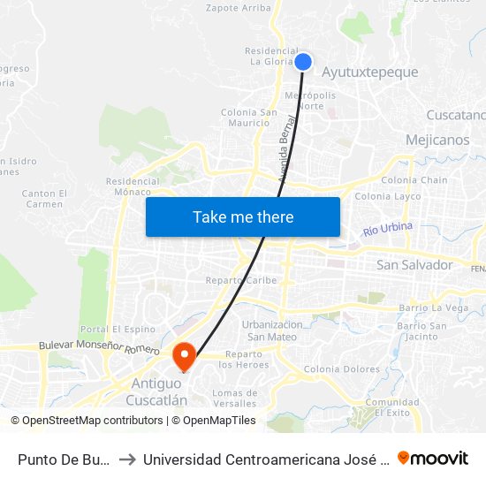 Punto De Buses R1 to Universidad Centroamericana José Simeón Cañas map