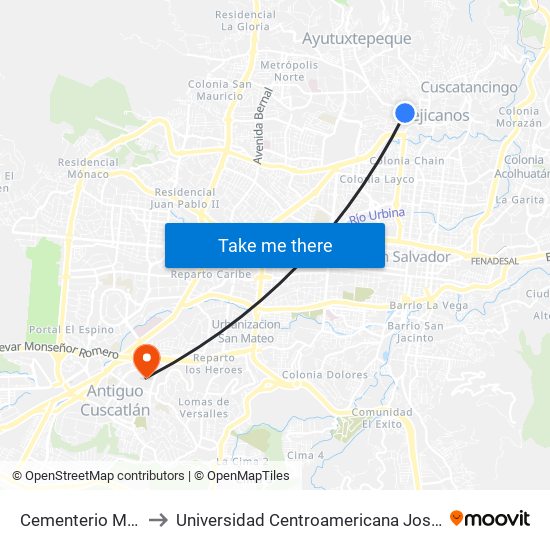 Cementerio Mejicanos to Universidad Centroamericana José Simeón Cañas map