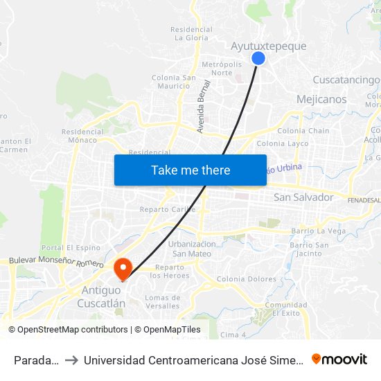 Parada R1 to Universidad Centroamericana José Simeón Cañas map