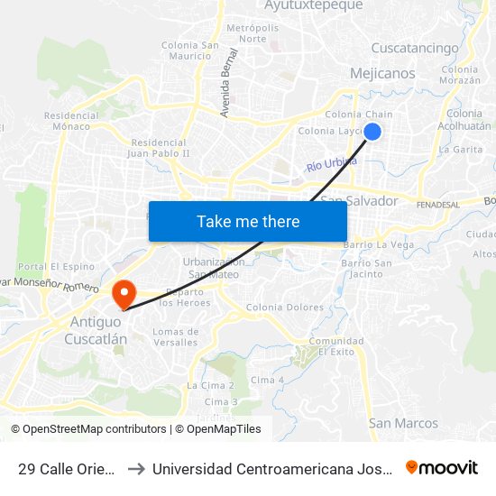 29 Calle Oriente, 118 to Universidad Centroamericana José Simeón Cañas map