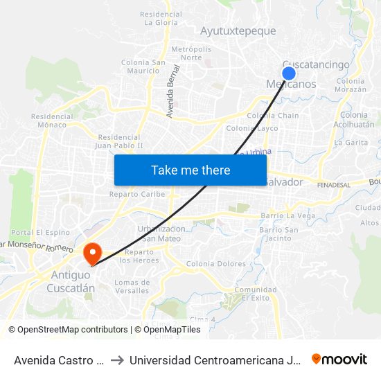 Avenida Castro Moran, 50 to Universidad Centroamericana José Simeón Cañas map