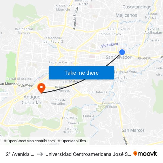 2° Avenida Norte to Universidad Centroamericana José Simeón Cañas map