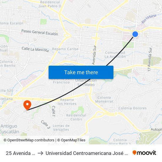 25 Avenida Norte to Universidad Centroamericana José Simeón Cañas map