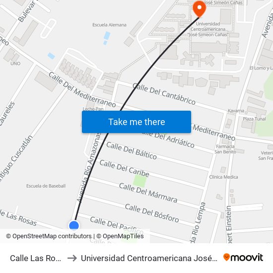 Calle Las Rosas, 18 to Universidad Centroamericana José Simeón Cañas map