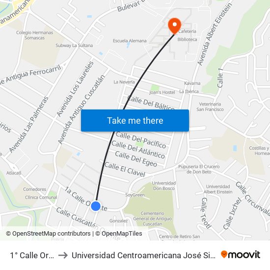 1° Calle Oriente to Universidad Centroamericana José Simeón Cañas map