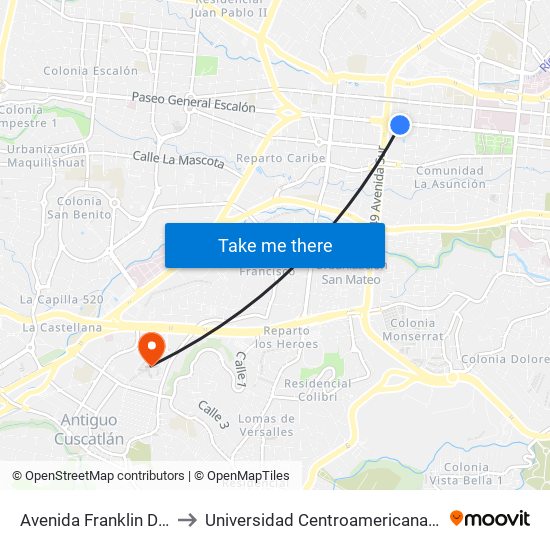 Avenida Franklin Delano Rsevelt to Universidad Centroamericana José Simeón Cañas map