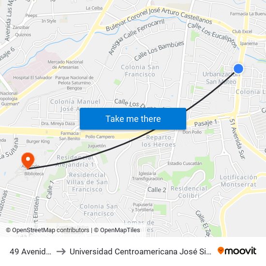 49 Avenida Sur to Universidad Centroamericana José Simeón Cañas map