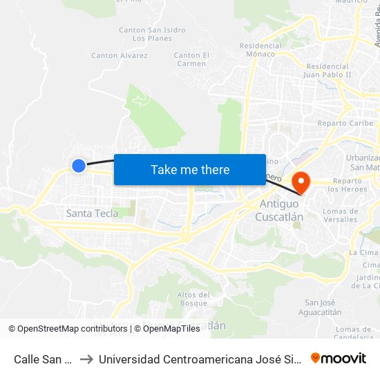 Calle San José to Universidad Centroamericana José Simeón Cañas map