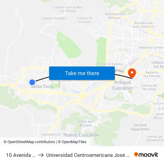 10 Avenida Norte to Universidad Centroamericana José Simeón Cañas map