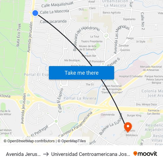 Avenida Jerusalen, 13 to Universidad Centroamericana José Simeón Cañas map