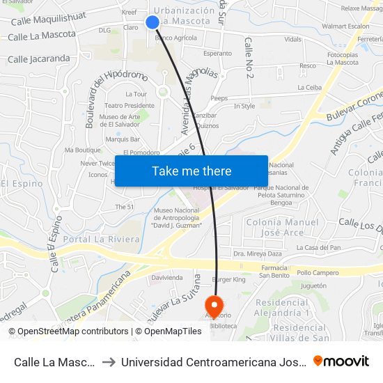 Calle La Mascota, 520 to Universidad Centroamericana José Simeón Cañas map