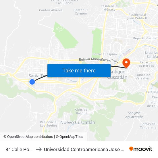 4° Calle Poniente to Universidad Centroamericana José Simeón Cañas map