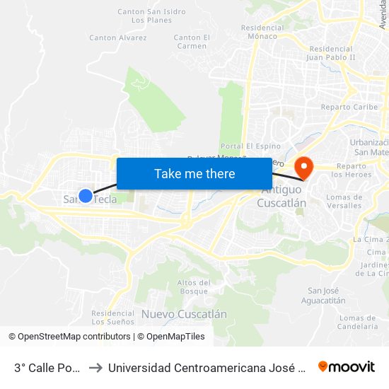 3° Calle Poniente to Universidad Centroamericana José Simeón Cañas map