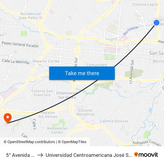 5° Avenida Norte to Universidad Centroamericana José Simeón Cañas map