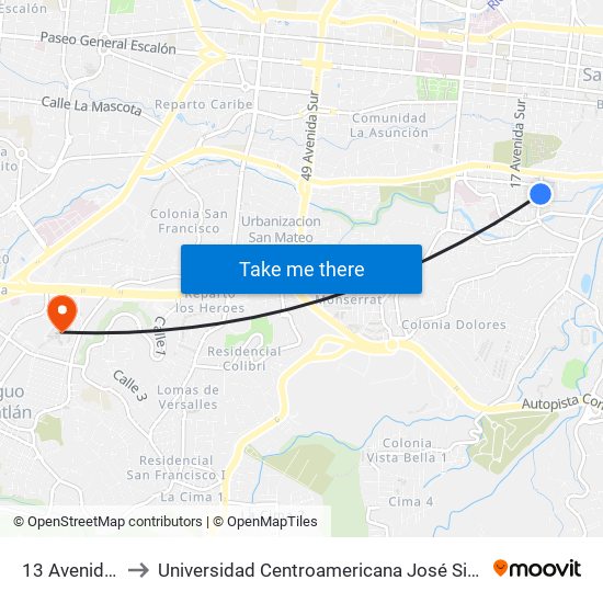 13 Avenida Sur to Universidad Centroamericana José Simeón Cañas map