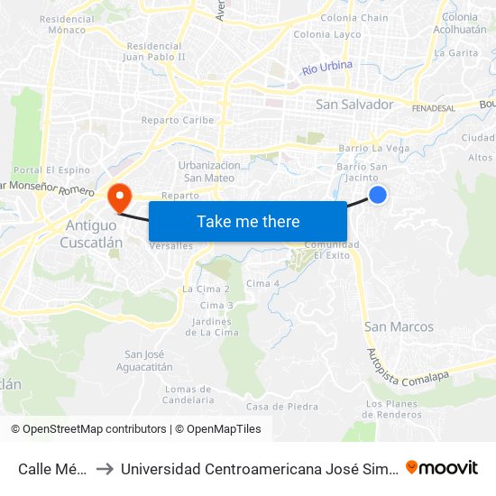 Calle México to Universidad Centroamericana José Simeón Cañas map