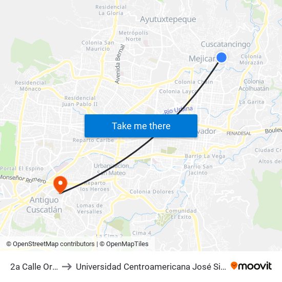 2a Calle Oriente to Universidad Centroamericana José Simeón Cañas map