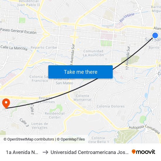 1a Avenida Norte 234 to Universidad Centroamericana José Simeón Cañas map