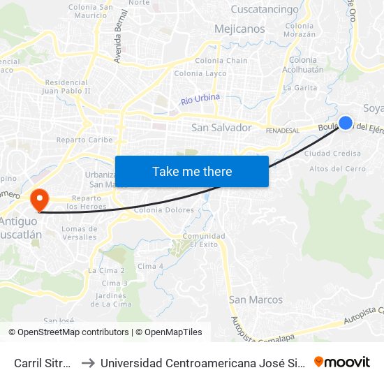 Carril Sitramss to Universidad Centroamericana José Simeón Cañas map