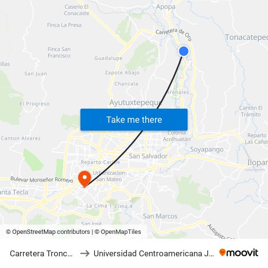 Carretera Troncal Del Norte to Universidad Centroamericana José Simeón Cañas map