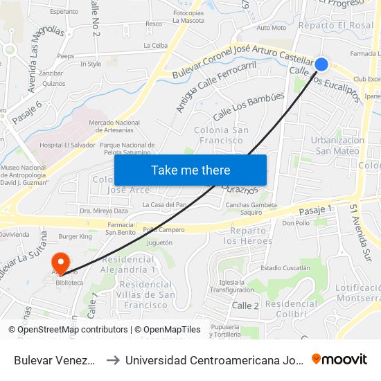 Bulevar Venezuela 2965 to Universidad Centroamericana José Simeón Cañas map