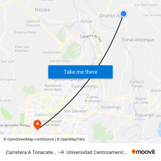 Carretera A Tonacatepeque, Los Heroes to Universidad Centroamericana José Simeón Cañas map