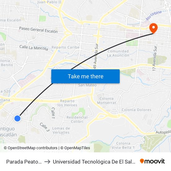 Parada Peatonal to Universidad Tecnológica De El Salvador map