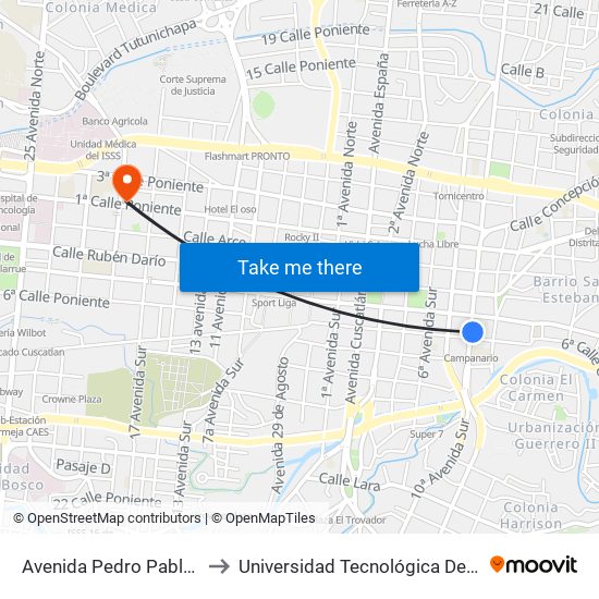 Avenida Pedro Pablo Castillo to Universidad Tecnológica De El Salvador map