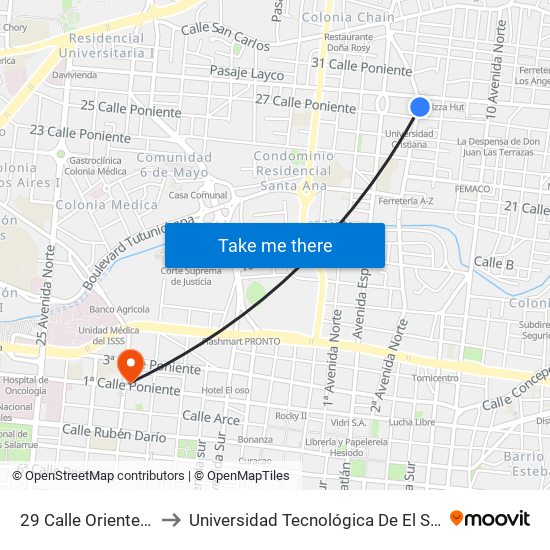 29 Calle Oriente, 118 to Universidad Tecnológica De El Salvador map