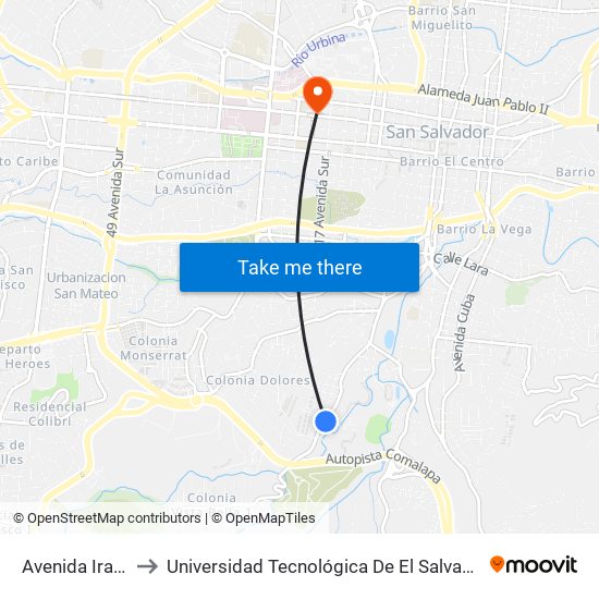 Avenida Irazú to Universidad Tecnológica De El Salvador map