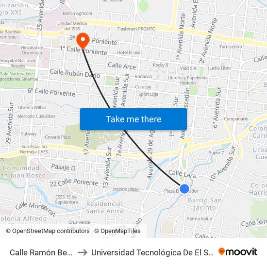 Calle Ramón Belloso to Universidad Tecnológica De El Salvador map