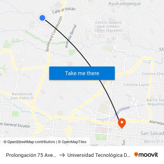 Prolongación 75 Avenida Norte to Universidad Tecnológica De El Salvador map