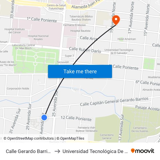 Calle Gerardo Barrios, 1511 to Universidad Tecnológica De El Salvador map