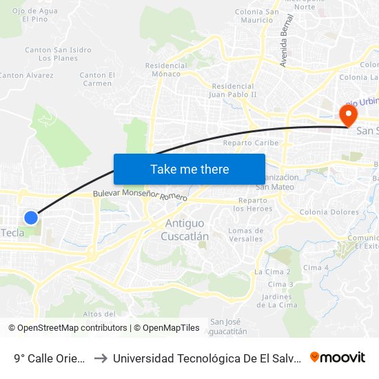 9° Calle Oriente to Universidad Tecnológica De El Salvador map