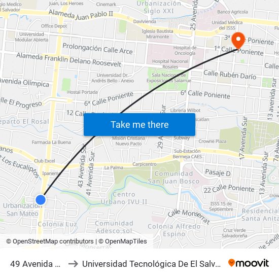 49 Avenida Sur to Universidad Tecnológica De El Salvador map