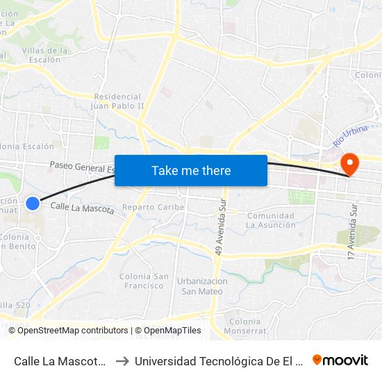 Calle La Mascota, 520 to Universidad Tecnológica De El Salvador map