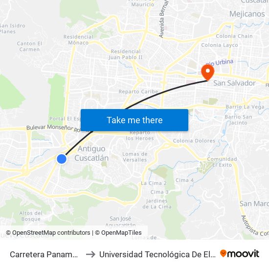 Carretera Panamericana to Universidad Tecnológica De El Salvador map