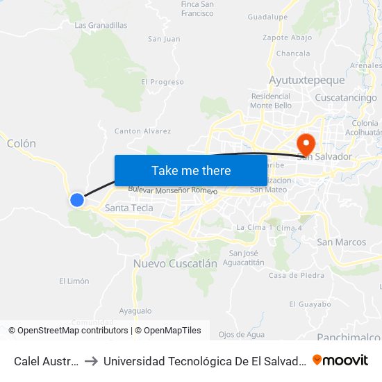 Calel Austria to Universidad Tecnológica De El Salvador map