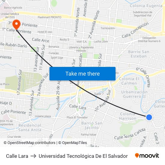 Calle Lara to Universidad Tecnológica De El Salvador map