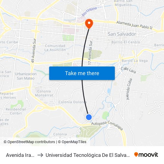 Avenida Irazu to Universidad Tecnológica De El Salvador map