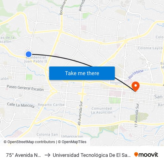 75° Avenida Norte to Universidad Tecnológica De El Salvador map