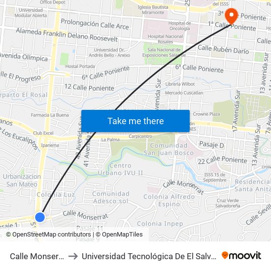 Calle Monserrat to Universidad Tecnológica De El Salvador map