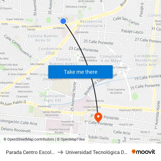 Parada Centro Escolar España to Universidad Tecnológica De El Salvador map