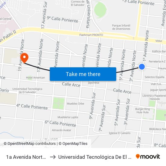 1a Avenida Norte 234 to Universidad Tecnológica De El Salvador map