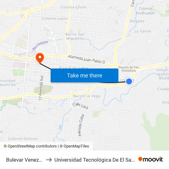 Bulevar Venezuela to Universidad Tecnológica De El Salvador map