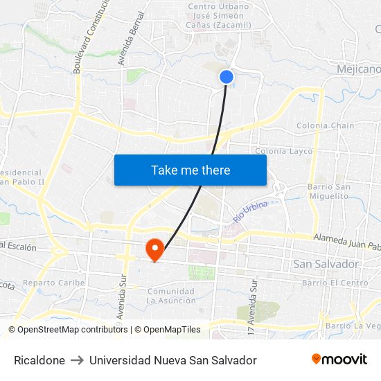 Ricaldone to Universidad Nueva San Salvador map